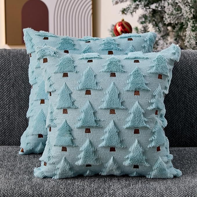 Christmas Pillow Covers 18x18 inch Set of 2 Blue Christmas Decorations Soft Plush Faux Fur Wool Xmas Tree Throw Pillow Cases Winter Holiday Decor for Sofa Living Room PT002F18
