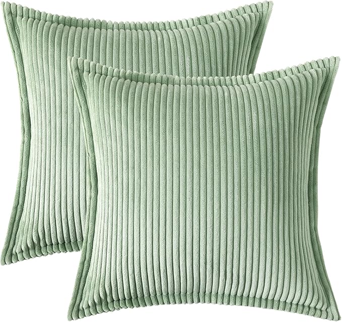 Mecatny Corduroy Throw Pillow Covers 24x24 Set of 2, Neutral Decorative Soft Boho Couch Pillow Covers with Broadside for Sofa Living Room, Sage Green