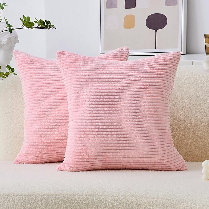 Home Brilliant Pink Euro Sham Covers for Couch Super Soft Striped Velvet Pillow Covers 24x24 Pillow Cases for Party, Set of 2, 60cm, Pink