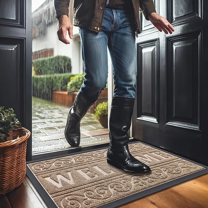 OLANLY Welcome Door Mat Indoor Outdoor Entrance, Heavy Duty Sturdy Front Door Mat, Waterproof All-Weather Doormat, Stain Resistant, Low Profile, Easy Clean Patio Entryway Mat, 29.5 x 17, Light Brown