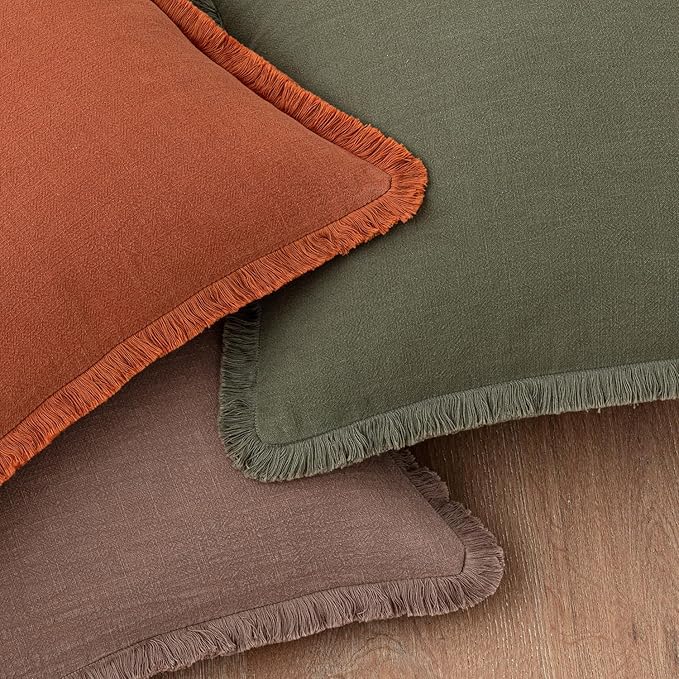 Woaboy Decorative Linen Fringe Throw Pillow Covers Boho Farmhouse Soft Cushion Covers Accent Pillowcases with Tassels for Living Room Couch Sofa Bed Chair,20x20 Inch Set of 2,Rust