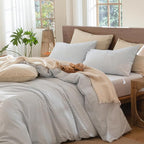 MooMee Striped Duvet Cover Set 100% Washed Cotton Linen Like Textured Breathable Durable Soft Comfy (Cornflower Blue White Pinstripes, Oversized King Plus 128"x120")