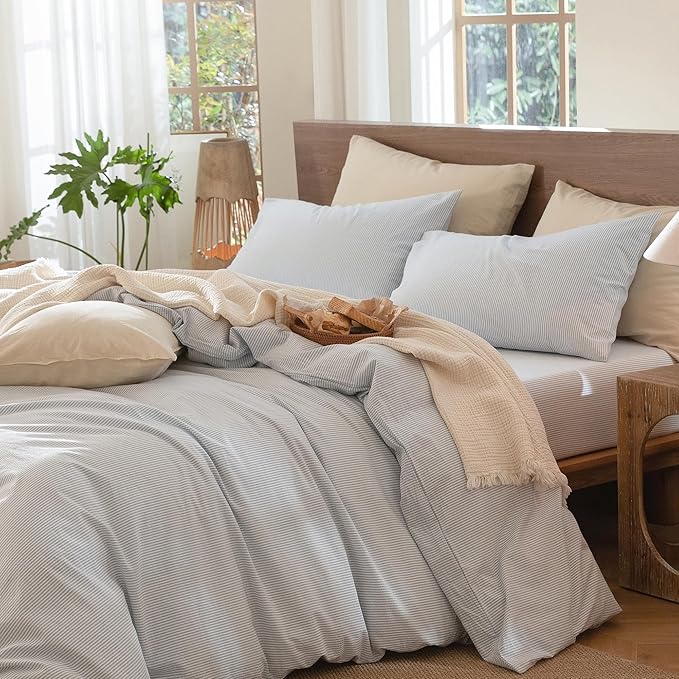 MooMee Striped Duvet Cover Set 100% Washed Cotton Linen Like Textured Breathable Durable Soft Comfy (Cornflower Blue White Pinstripes, King 104"x90")