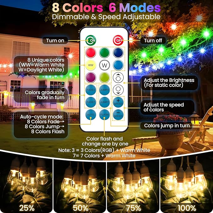 50FT RGB Solar Outdoor String Lights with Remote, Dimmable Waterproof Patio Lights with 15 LED Bulbs for Deck Balcony Cafe Party-White Cord