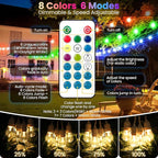50FT RGB Solar Outdoor String Lights with Remote, Dimmable Waterproof Patio Lights with 15 LED Bulbs for Deck Balcony Cafe Party-White Cord
