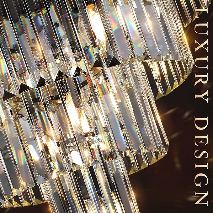 Modern Black Crystal Chandeliers,24” Ceiling Round Chandelier,Luxury Flush Mount Pendant Light Fixture with Chain Farmhouse 4 Tiers K9 Chandelier for Dining Room Bedroom Foyer
