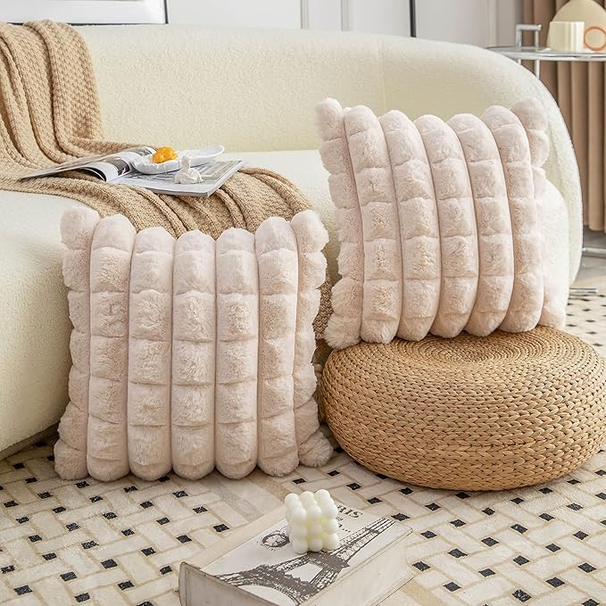Neelvin Beige Faux Fur Cozy Soft Plaid Decorative Throw Pillow Covers 16x16 inch Set of 2,Velvet Pillowcase Cushion Case for Sofa Couch
