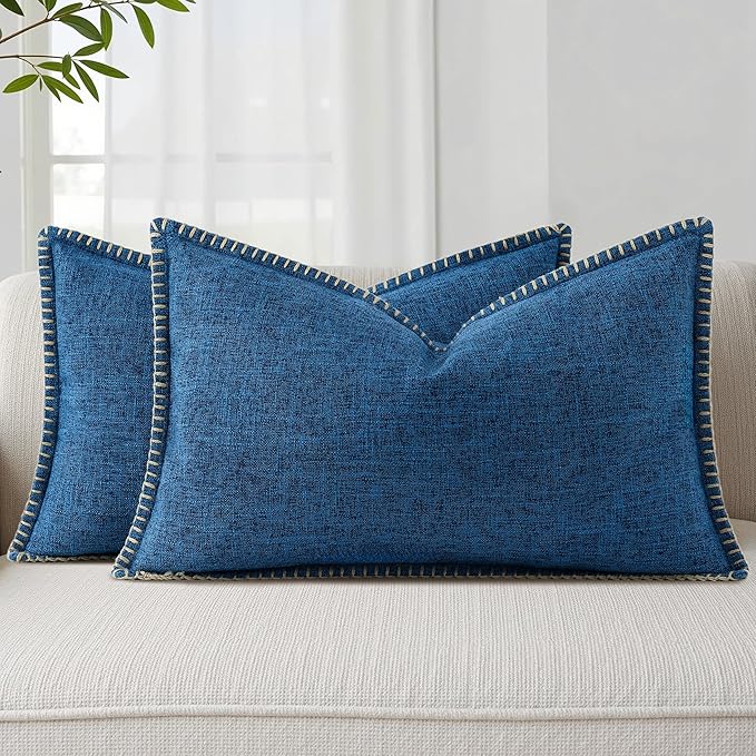 decorUhome Decorative Outdoor Throw Pillow Covers 12x20 Set of 2, Lumbar Linen Rustic Neutral Farmhouse Euro Pillow Covers with Stitched Edge for Couch, Sofa, Living Room, Dark Blue