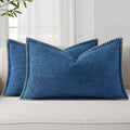 decorUhome Decorative Outdoor Throw Pillow Covers 12x20 Set of 2, Lumbar Linen Rustic Neutral Farmhouse Euro Pillow Covers with Stitched Edge for Couch, Sofa, Living Room, Dark Blue