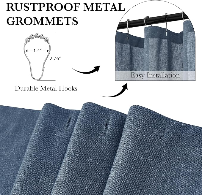 KGORGE Linen Fabric Shower Curtain for Bathroom-Button Hole Waterproof Lightweight Washable Privacy Shower Curtain Sets for Bathtub with 12 Metal Hooks, W72 x 72 inches Long, Navy Blue, 1 Panel