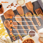 Riveira Walnut Wooden Cooking Utensils Set of 9 Premium Quality Non-Toxic Wooden Spoons, Spatula & Serving Utensils for All Cookware