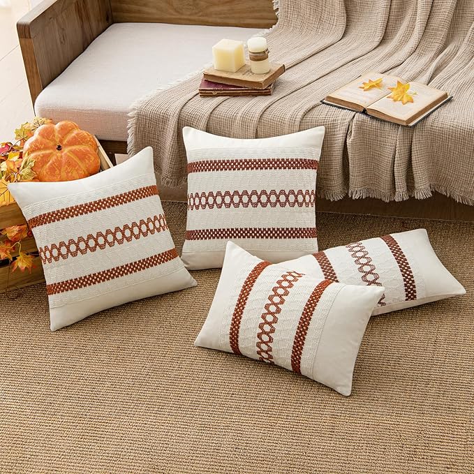 MIULEE Set of 2 Rust Fall Decorative Pillow Covers 18x18 Inch Farmhouse Rustic Boho Couch Throw Pillows Modern Cotton Cushion Covers Retro Cute Macrame Woven Home Decor for Bed Sofa Chair