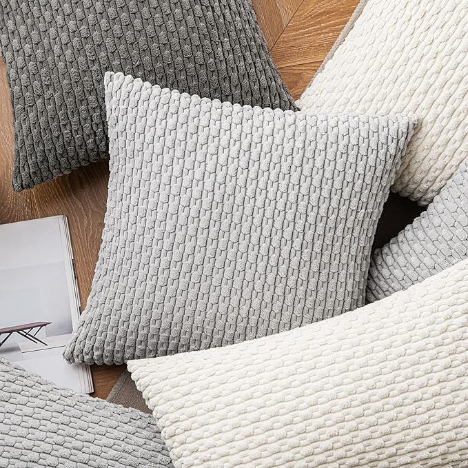 MIULEE Pack of 2 Decorative Throw Pillow Covers 24x24 Inch Soft Boho Striped Textured Corduroy Pillow Covers Modern Farmhouse Home Decor for Couch Bed Sofa Living Room Light Grey