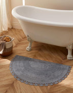 Half Circle Bohemian Bathroom Rug with Handwoven Chrochet Border, Beautifully Handcrafted 100% Cotton Mat - 22x42", Round Boho Bedroom Rug, Boho Bathroom Décor, Machine Washable - Charcoal Grey