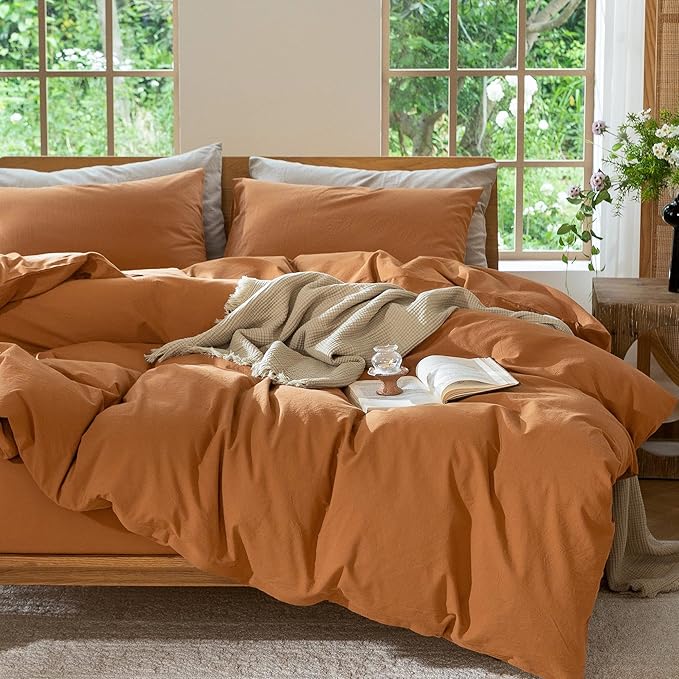 MooMee Bedding Duvet Cover Set 100% Washed Cotton Linen Like Textured Breathable Durable Soft Comfy (Solid Burnt Orange, King 104"x90")