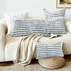 Boho Chenille Tufted Pillow Cover 14x36 Inch Set of 1, Farmhouse Striped Decorative Pillow Covers Accent Fluffy Neutral Long Body Bolster Pillow for Couch Sofa Bedroom Living Room, Black White