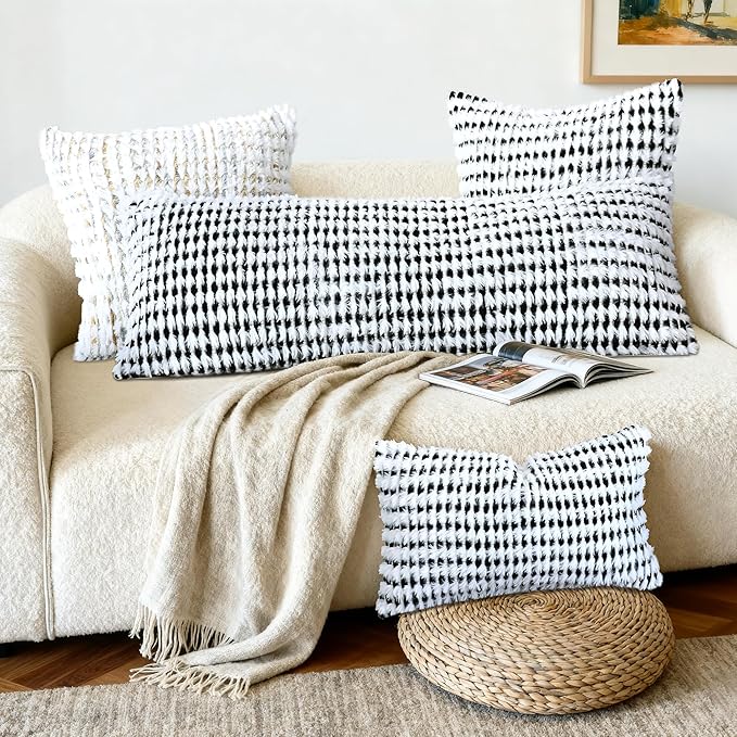 Boho Chenille Tufted Pillow Cover 14x36 Inch Set of 1, Farmhouse Striped Decorative Pillow Covers Accent Fluffy Neutral Long Body Bolster Pillow for Couch Sofa Bedroom Living Room, Black White