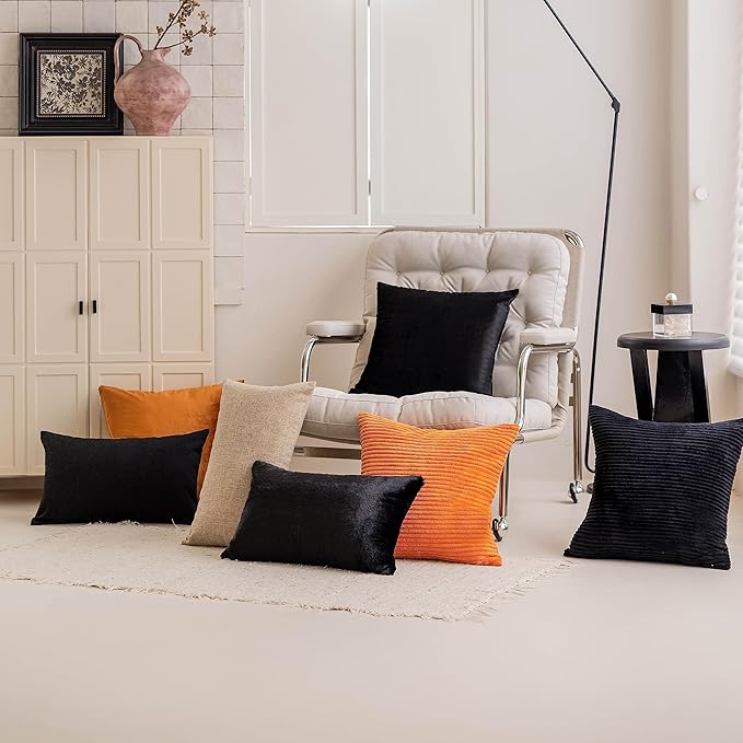Home Brilliant 2 Packs Decorative Pillow Covers for Couch Outdoor Pillows Cover 16x16 Fall Striped Velvet Pillow Covers, Set of 2, 40cm x 40cm, 16 x 16 Inch, Black