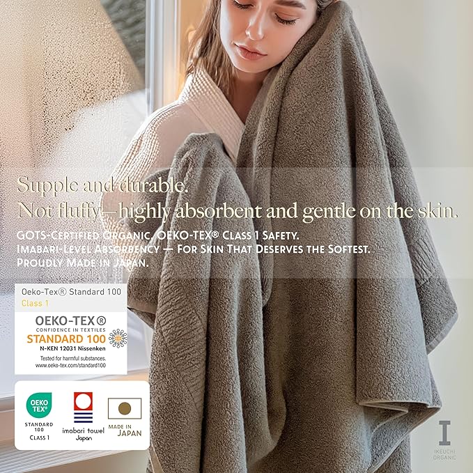 Extra Absorbent Organic Cotton Bath Towels, Soft & Plush, Made in Japan, Oeko-Tex Class 1 Certified, 28 x 53 inch, OliveGreen(Marked as Dark Gray), Pack of 2 – Proof of Purity