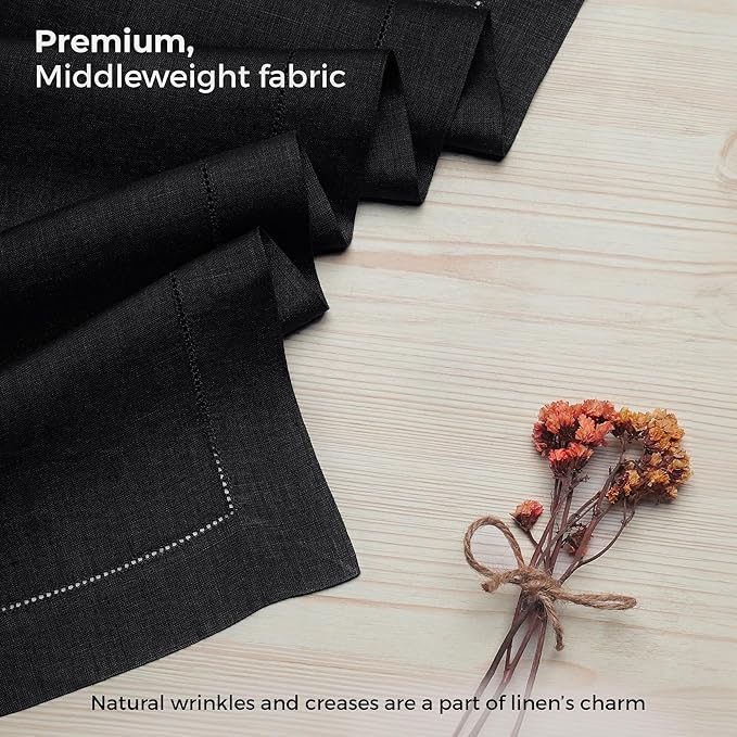 D'Moksha Homes Linen Black Table Runner 48 Inches - Classic Hemstitch, 100% Pure Linen Coffee Table Runner 14 x 48 Inch Ideal for Dresser Tables - Fall, Autumn and Halloween