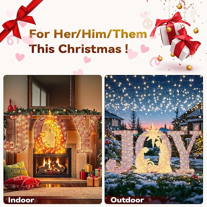3-Piece Christmas Lighted Joy Sign Decoration,32Inch Oversized Pre-Lit Nativity Scene,2-in-1 Weather Resistant Holiday Yard Decor Freestanding or Wall Decor for Garden Yard Porch or Indoor