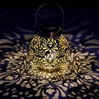 Outdoor Solar Hanging Lantern Lights Metal LED Decorative Lamp for Garden Patio Courtyard Lawn and Table with Hollowed-Out Design (Bronze)