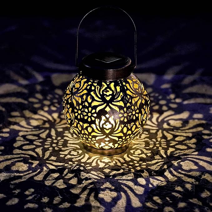 Outdoor Solar Hanging Lantern Lights Metal LED Decorative Lamp for Garden Patio Courtyard Lawn and Table with Hollowed-Out Design (Bronze)