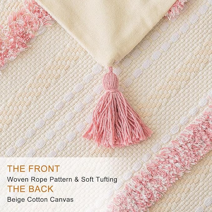 Boho Throw Pillow Covers 18x18 Set of 2 Woven Tufted Farmhouse Pillows Cover with Tassels Textured Striped Cushion Case Neutral Pillow Cases Decorative Pillowcase for Sofa, Couch, Bed, Pink