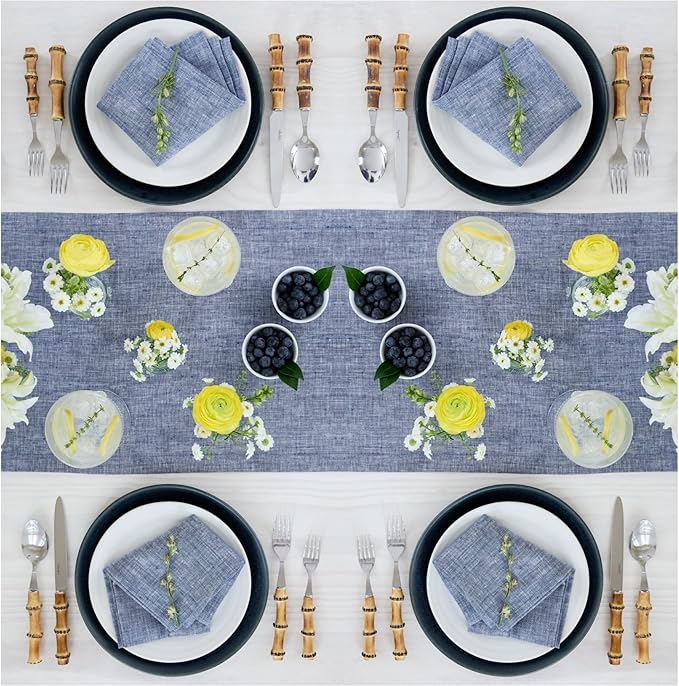 Solino Home Linen Chambray Indigo Table Runner 132 Inches Long - Athena, 100% Pure Linen Dining Table Runner 14 x 132 Inch for Christmas