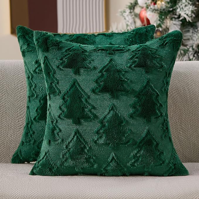 Christmas Pillow Covers 20x20 Set of 2 Green Double Christmas Tree Decorations Pillow Covers Soft Plush Faux Fur Decor for Xmas Winter Holiday Home Bedroom Sofa Cushion Cases PT-016A20