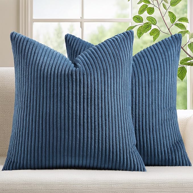 Mecatny Corduroy Decorative Throw Pillow Covers 18x18 Set of 2 for Sofa Living Room, Soft Neutral Boho Couch Pillow Covers for Home Decor, Navy Blue