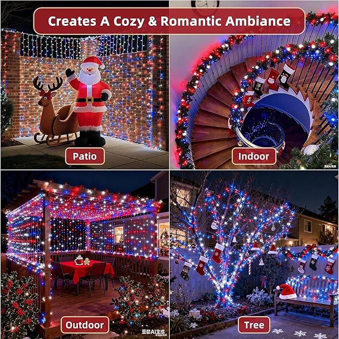 300 LED Outdoor Christmas Lights 75ft, 12 Lighting Modes Indoor String Lights Dimmable & Timer Memory, Outsite Waterproof Tree Lights for Xmas Garden Wedding Party Holiday Decorations Red White & Blue