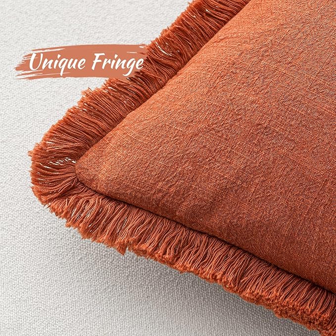 MIULEE Fall Decorative Throw Pillow Covers Neutral Linen Fringe Throw Pillows Set of 2 Burnt Orange Boho Farmhouse Cushion Covers with Tassels for Couch Sofa Bed Living Room Home Decor 12x20 Inch