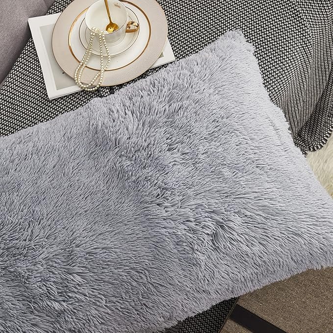 WERDIM Shaggy Faux Fur Pillowcases 2 Pack Button Closure Velvet Pillow Shams King Size (Light Grey, 20 X 36 Inches)