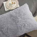 WERDIM Shaggy Faux Fur Pillowcases 2 Pack Button Closure Velvet Pillow Shams King Size (Light Grey, 20 X 36 Inches)