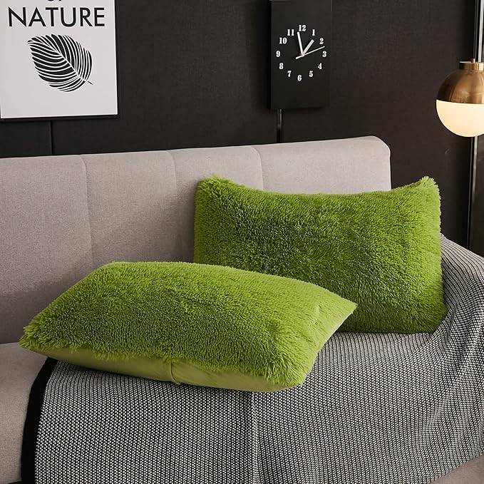 WERDIM Shaggy Fluffy Faux Fur Pillowcases 2 Pack Button Closure Velvet Pillow Shams Standard/Queen Size (Apple Green, 20 X 26 Inches)