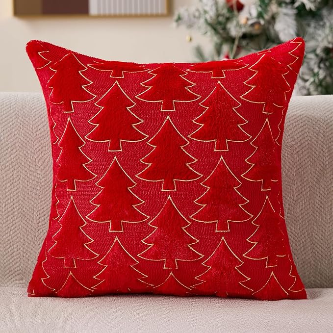 Christmas Pillow Covers 18x18 Set of 2 Red Christmas Tree Decorations Pillow Covers Soft Plush Faux Fur Pillow Cases Decor for Xmas Winter Holiday Home Bedroom Sofa Cushion Cases PT-017B18