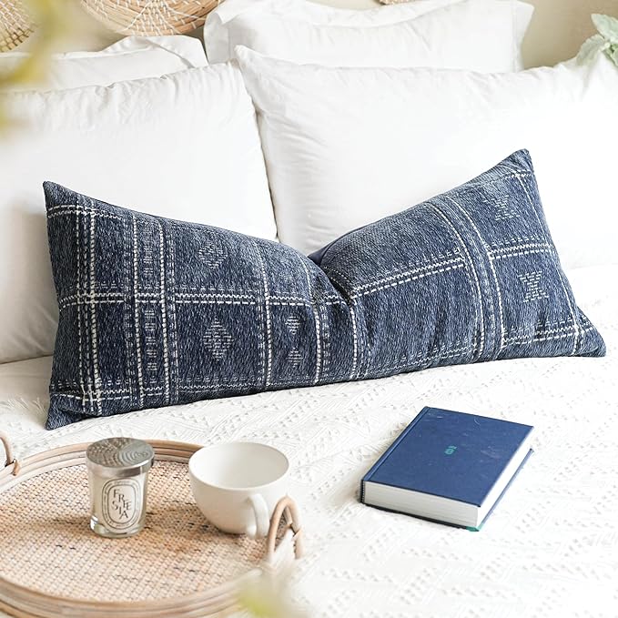 BlissBlush Dark Blue Boho Lumbar Throw Pillow Cover 14X36, Decorative Long Accent Body Pillow for Bed, Farmhouse Woven Textured Pillowcase for Couch (Cover ONLY)