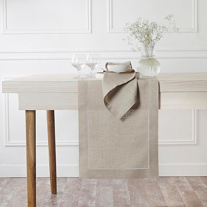 D'Moksha Homes Linen Natural Table Runner 120 Inches Long - 100% Pure Linen Hemstitch 14 x 120 Inch Table Runner for Dining, Fall, Autumn and Halloween - Classic Hemstitch