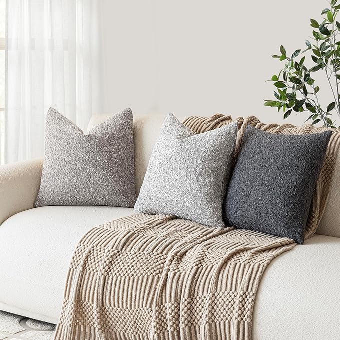 Foindtower Set of 2, Decorative Textured Boucle Throw Pillow Covers Accent Solid Pillow Cases Soft Cozy Couch Cushion Case for Chair Sofa Bedroom Living Room Home Decor 24 x 24 Inch Neutral Grey