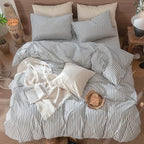 MooMee Striped Duvet Cover Set 100% Washed Cotton Linen Like Textured Breathable Durable Soft Comfy (Dark Grey White Classic Stripes, Full 80"x90")