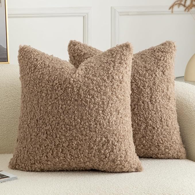 Pack of 2 Curly Teddy Wool Faux Fur Throw Pillow Covers Fuzzy Accent Soft Sherpa Pillowcases Sheepskin Fleece Decorative Cushion Case for Sofa Couch Living Room 24x24 Inch Khaki