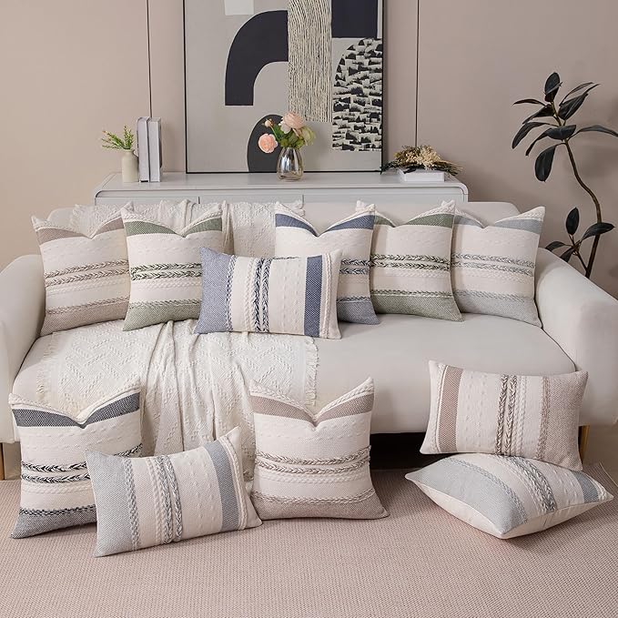 Boho Lumbar Pillow Covers Set of 2-12x20 Inch Sage Green Striped Decorative Farmhouse Coastal Accent Long Boho Throw Pillows for Couch, Neutral Textured Pillowcases for Bed, Sofa Home Decor