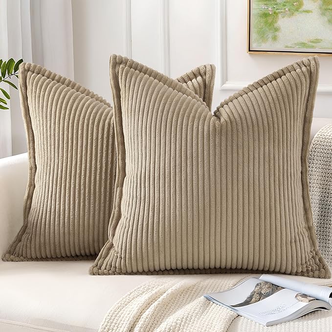 Mecatny Corduroy Throw Pillow Covers 18x18 Set of 2, Neutral Decorative Soft Boho Couch Pillow Covers with Broadside for Sofa Living Room, Khaki