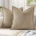 Mecatny Corduroy Throw Pillow Covers 18x18 Set of 2, Neutral Decorative Soft Boho Couch Pillow Covers with Broadside for Sofa Living Room, Khaki