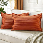 decorUhome Fall Corduroy Rust Throw Pillow Covers 12x20 Set of 2 Decorative Soft Boho Farmhouse Lumbar Euro Couch Pillow Covers for Living Room Bed Sofa Broadside Striped Pillow Cases
