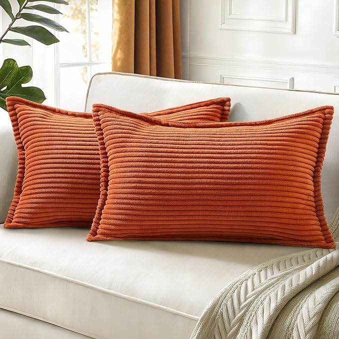 decorUhome Fall Corduroy Rust Throw Pillow Covers 12x20 Set of 2 Decorative Soft Boho Farmhouse Lumbar Euro Couch Pillow Covers for Living Room Bed Sofa Broadside Striped Pillow Cases