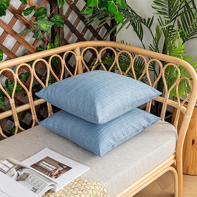 Kevin Textile Pack of 2 Outdoor Waterproof Throw Pillow Covers Decorative Farmhouse Checkered Square Solid Cushion Cases for Patio Garden Porch Sofa Light Blue 18x18 inch