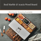 Shanik Wood - Marble Cheese Board Set with 3 Ceramic Bowls - Stainless Steel Cutlery Set, Charcuterie Board & Gift for Any Occasion (with Engraving)