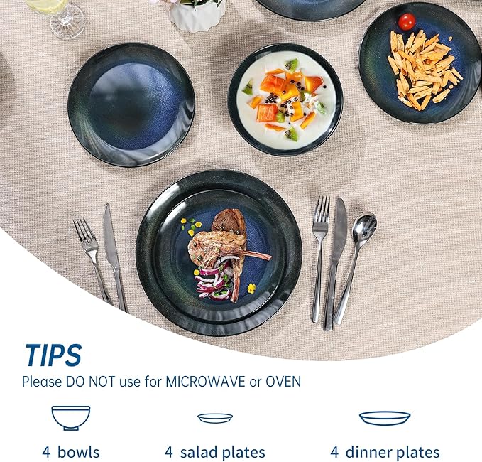Melamine Dinnerware Set, 12pcs Plates and Bowls Set, Blue Dinner Dishes Set for Indoor and Outdoor, BPA-Free, Dishwasher Safe